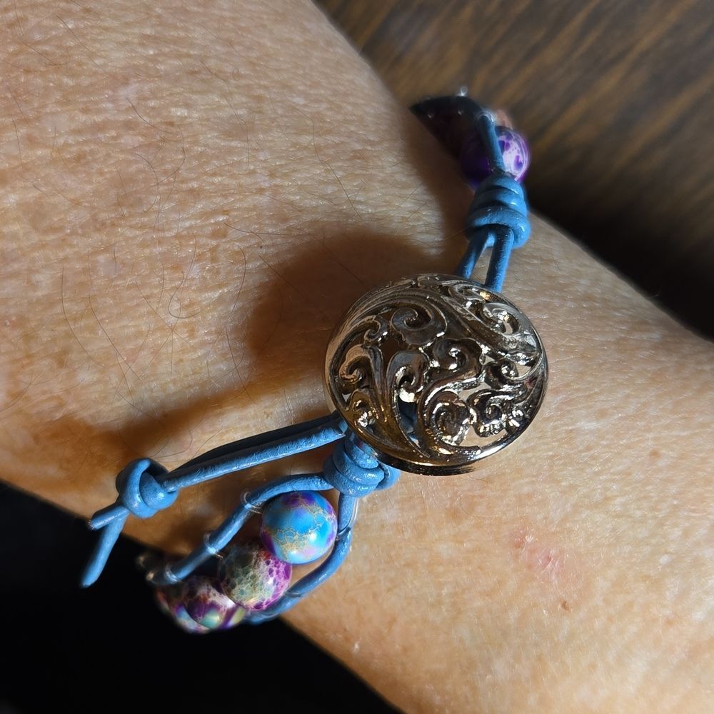 HANDCRAFTED Blue Leather Wrapped Bracelet with Turquoise, Blue & Purple Beads